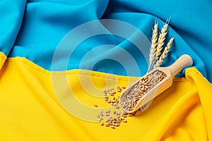 Wheat Grain in Ukraine with flag. Concept of food supply crisis and global food scarcity
