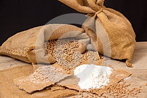 Wheat grains, bran and flour.