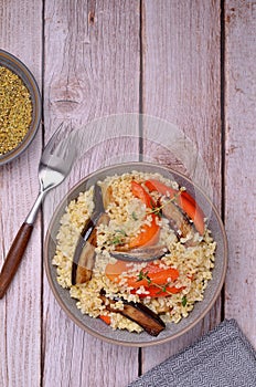 Wheat groats with slices of fried