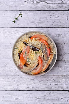 Wheat groats with slices of fried