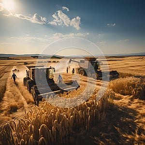 Wheat harvesting with combine harvester and tractor.generative ai