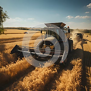 Wheat harvesting with combine harvester and tractor.generative ai