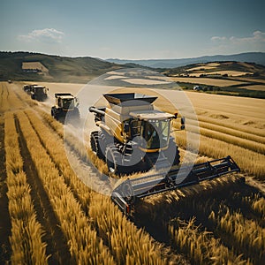Wheat harvesting with combine harvester and tractor.generative ai
