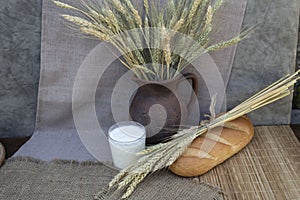 Wheat in a jug, white bread and milk.