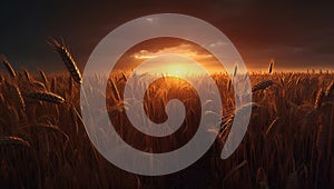 Wheat in open field, industrial product design, pessimistic mood. Harvest time. Generative AI