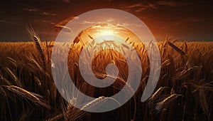 Wheat in open field, industrial product design, pessimistic mood. Harvest time. Generative AI