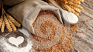 Wheat in a sack, a heart of flour and spikelets on a old board.