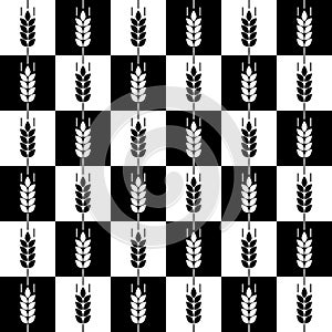 Wheat seamless pattern. Bakery background. Bread grain texture. Repeated spike wheat. Stalk oat, barley, corn, malt, bran, millet,