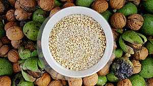 wheat seeds in a white ceramic bowl on organic walnuts background