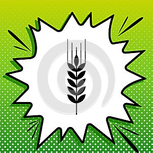 Wheat sign illustration. Spike. Spica. Black Icon on white popart Splash at green background with white spots. Illustration