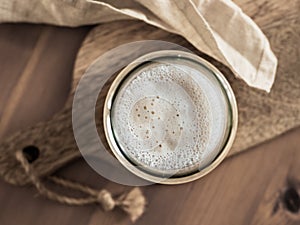 Wheat sourdough starter, top view, copy space