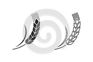 Wheat spike isolated on white background. Grain plant silhouette. Spica line icon set.