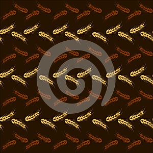 Wheat spikelets and grains, vector seamless pattern on a brown background.Vector illustration.