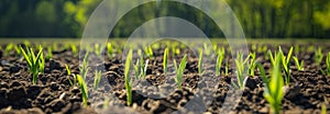 Wheat sprout on the field in spring. Agricultural field. Banner slider horizontal template. Blurred background.