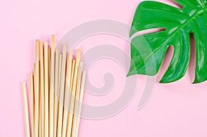 Wheat straw for drinking water with green leaves on pink background