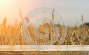 Wheat table background. Empty wooden table on the background of a summer golden wheat or rye field. Template for food