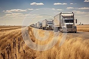 Wheat transporters queuing on the highway. Trucks are parked along the road. Cargo transportation by transport, export