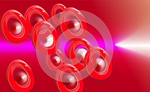 Wheel 3D glow abstract red background. Bright radial effect with flying elements of pomegranate with sparkle. Light dynamic