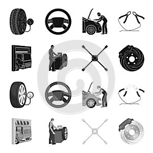 Wheel balancing, spanner and brake disc black,monochrome icons in set collection for design.Car maintenance station