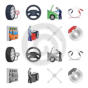Wheel balancing, spanner and brake disc cartoon,monochrome icons in set collection for design.Car maintenance station