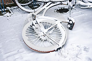 Wheel of a bicycle covered with fresh snow