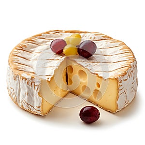 A wheel of brie cheese with a segment removed, garnished with grapes, with a creamy, holey texture and white rind