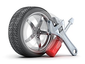 Wheel car and tools on white background