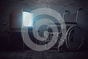 Wheel chair and vintage tv set. Depressive life of a lonely disabled person in a nursing home concept