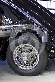 Wheel detail of a Jaguar during the vintage and classic car exhibition, ClassicMadrid, in Madrid, Spain