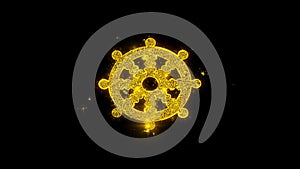 Wheel of Dharma Buddhism religion Icon Sparks Particles on Black Background.