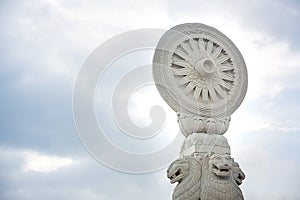 Wheel of Dharma, symbol of Asia Hinayana Buddhism. pattern of religion architecture. image for background, copy space.