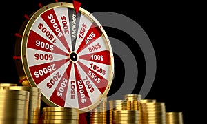 Wheel of fortune on black background for gambling and lottery winning concept. Wheel of fortune to play and win the jackpot.
