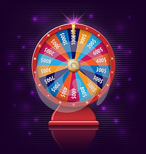 Wheel of fortune with glowing lamps for online casino, poker, roulette, slot machines, card games. realistic 3d wheel of