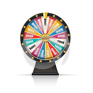 Wheel fortune. Lucky game casino prize spinning roulette, win jackpot money lottery circle with colored sections and arrow. Random