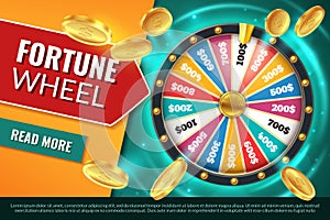 Wheel fortune. Lucky jackpot winner text banner, casino prize spinning roulette. Game win chance circle gambling vector