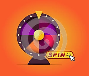 Wheel of fortune, random wheel choice with spin button, banner template for online casinos, gambling, random choice of