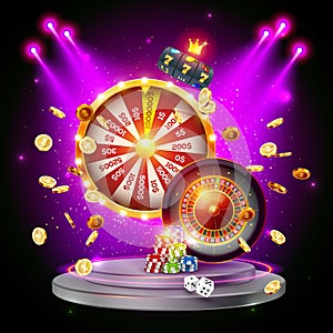 The Wheel of fortune, roulette, slot machine, illuminated by searchlights, on the podium surrounded by flying coins and playing