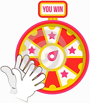 Wheel of fortune with winning numbers and sector bankrupt and bonus with joyfully clapping hands