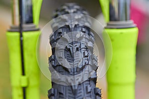 Wheel in front of a bicycle,close up of a bicycle wheel in front