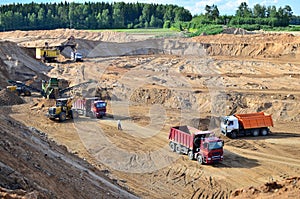 Wheel front-end loader loads sand into a dump truck. Heavy machinery in the mining quarry, excavators and trucks.