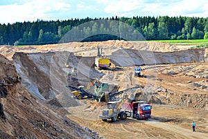 Wheel front-end loader loads sand into a dump truck. Heavy machinery in the mining quarry, excavators and trucks.