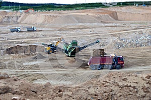 Wheel front-end loader loads sand into a dump truck. Heavy machinery in the mining quarry, excavators and trucks.