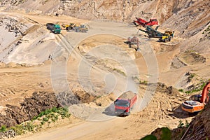 Wheel front-end loader loads sand into a dump truck. Heavy machinery in the mining quarry, excavators and trucks. Mobile jaw