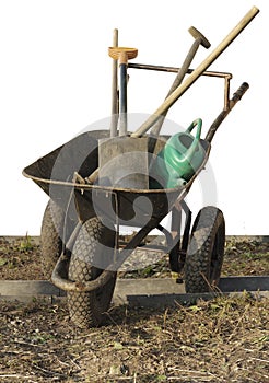 Wheel with garden tools objects isolated
