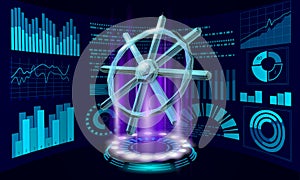 Wheel helm computer developer app concept. Business digital open source program. Data coding steering 3D low polygonal