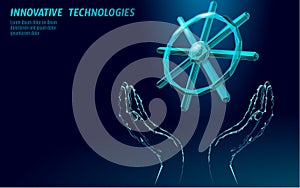 Wheel helm computer developer app concept. Business digital open source program. Data coding steering 3D low polygonal
