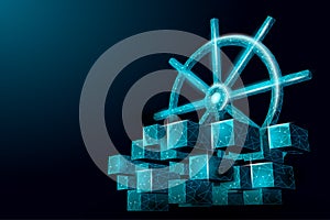 Wheel helm on container computer developer app concept. Business digital open source program. Data coding steering 3D