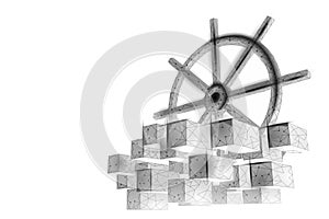 Wheel helm on container computer developer app concept. Business digital open source program. Data coding steering 3D