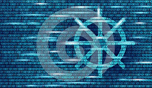 Wheel helm on container computer developer app concept. Business digital open source program. Data coding steering