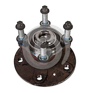 Wheel hub with bearing from old metal close-up on white isolated background in a photo studio. Seasonal repair of the suspension